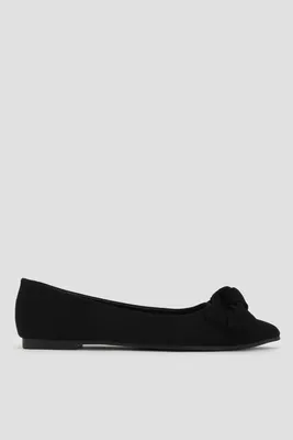 Ardene Pointy Flats with Bow Detail in Black | Size | Faux Suede