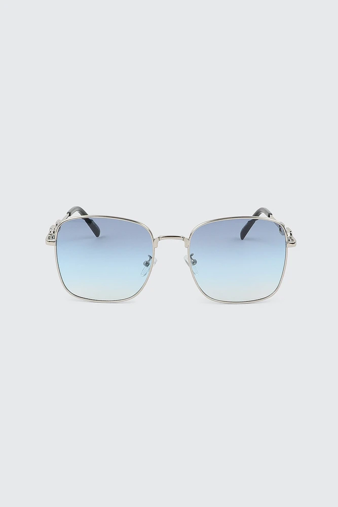 Ardene Square Sunglasses with Temple Detail in Silver