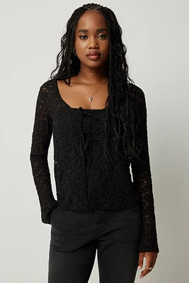 Ardene Tie Front Lace Cardigan in | Size | Cotton/Elastane/Polyamide