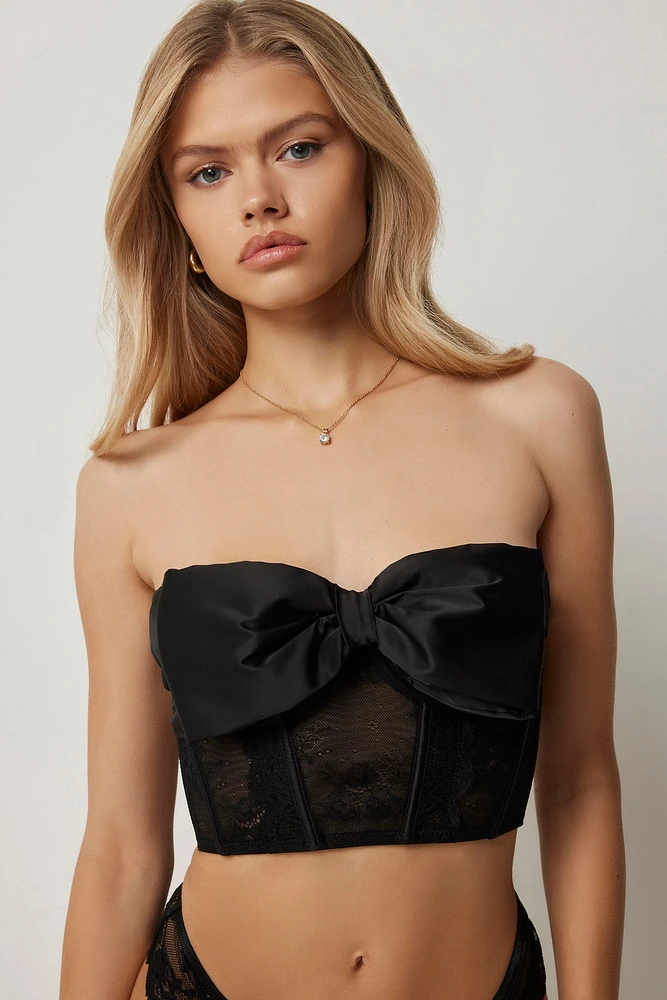 Ardene Satin Bow Lace Bustier in Black | Size | Polyester/Nylon/Spandex