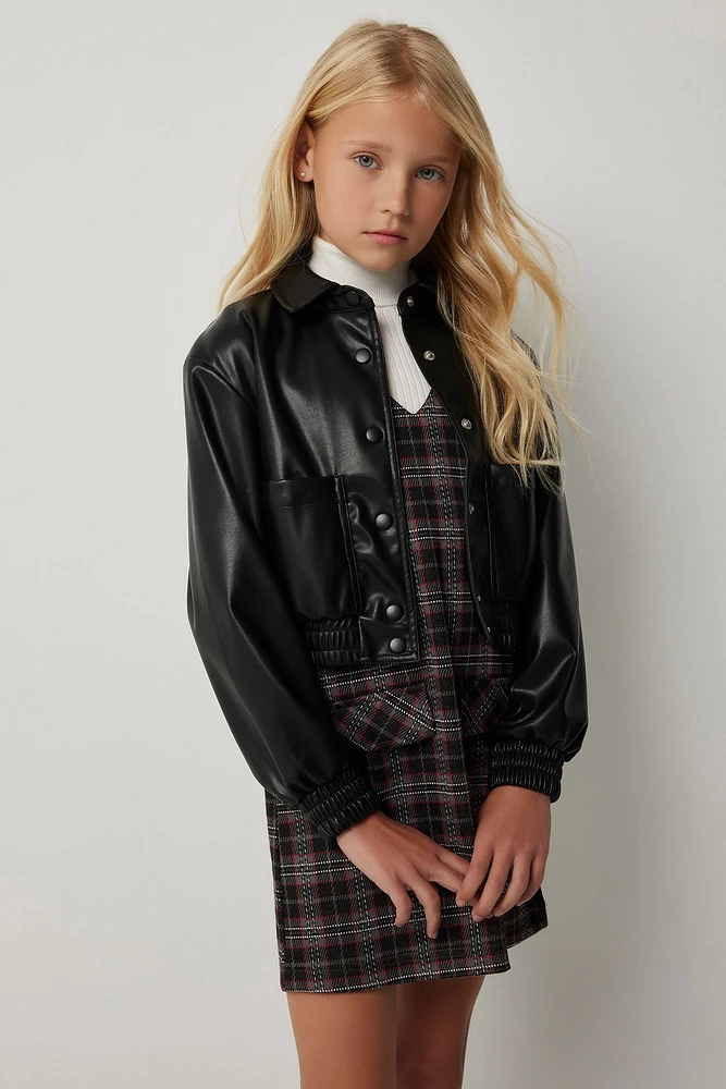 Ardene Kids Faux Leather Bomber Jacket in Black | Size | Faux Leather/Polyester