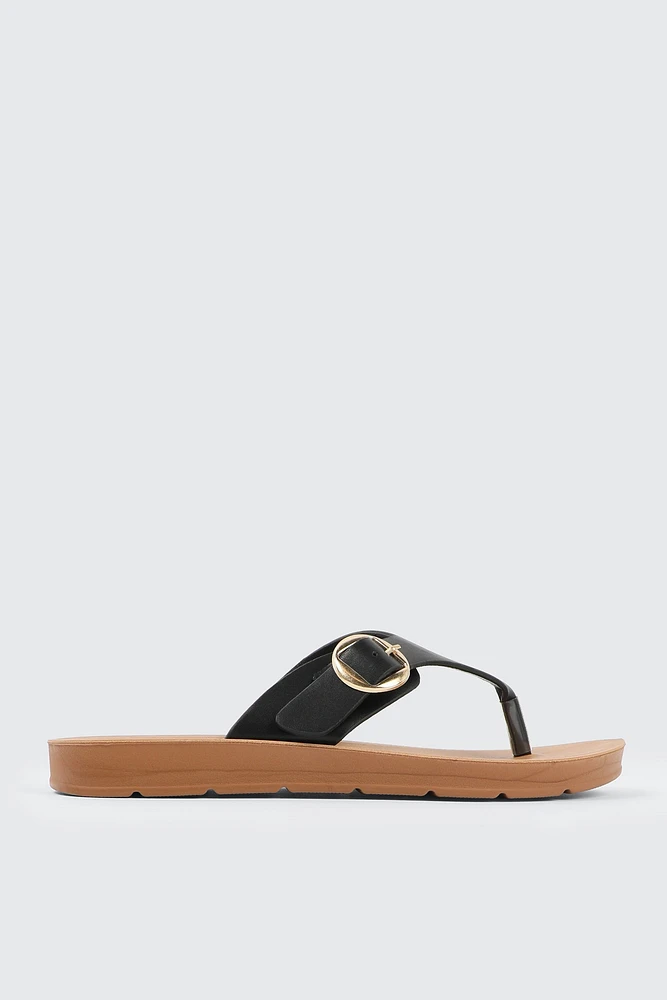 Ardene Flat Sandals with Chunky Buckle in | Size | Faux Leather | Eco-Conscious