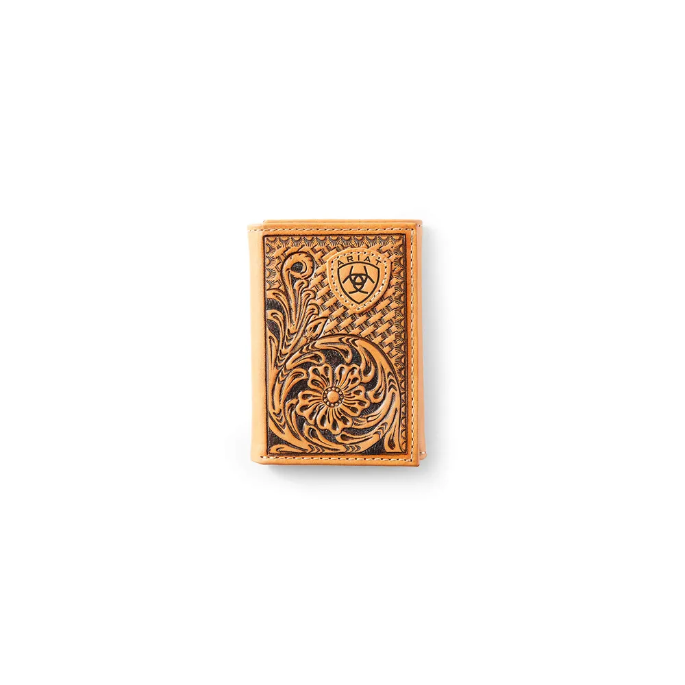 Trifold Wallet Tan Floral Logo Embroidery