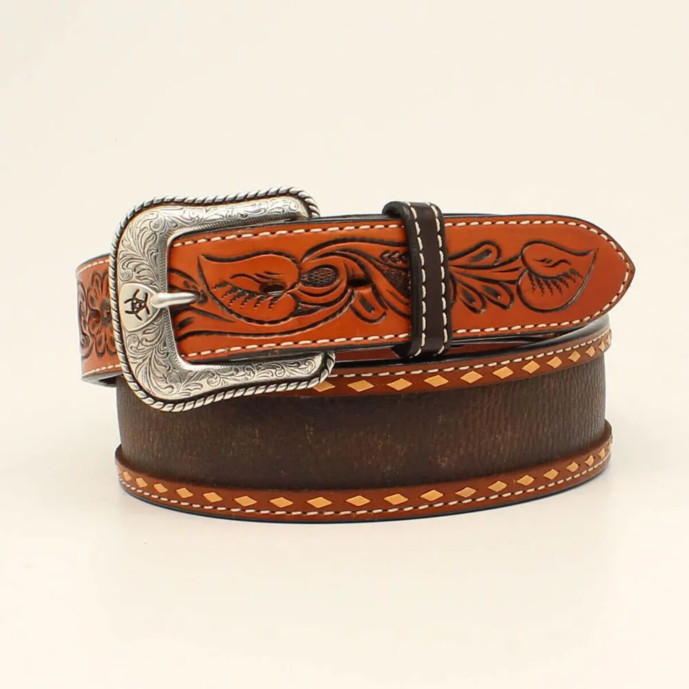 Ariat® Girls' Brown Leather Floral Pink Lace Studded Belt