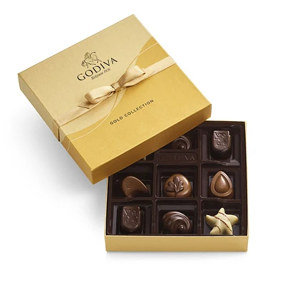 Assorted Chocolate Gold Gift Box, Gold Ribbon, 9 pc