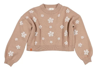 Crop Sweater with Flowers - Tan