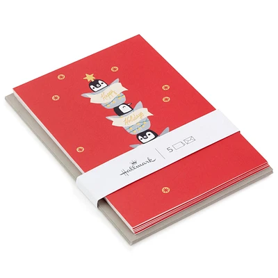 Stacked Merry Penguins Packaged Christmas Cards, Set of 5