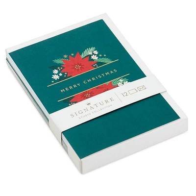 Poinsettias on Green Blank Boxed Christmas Cards, Pack of 12