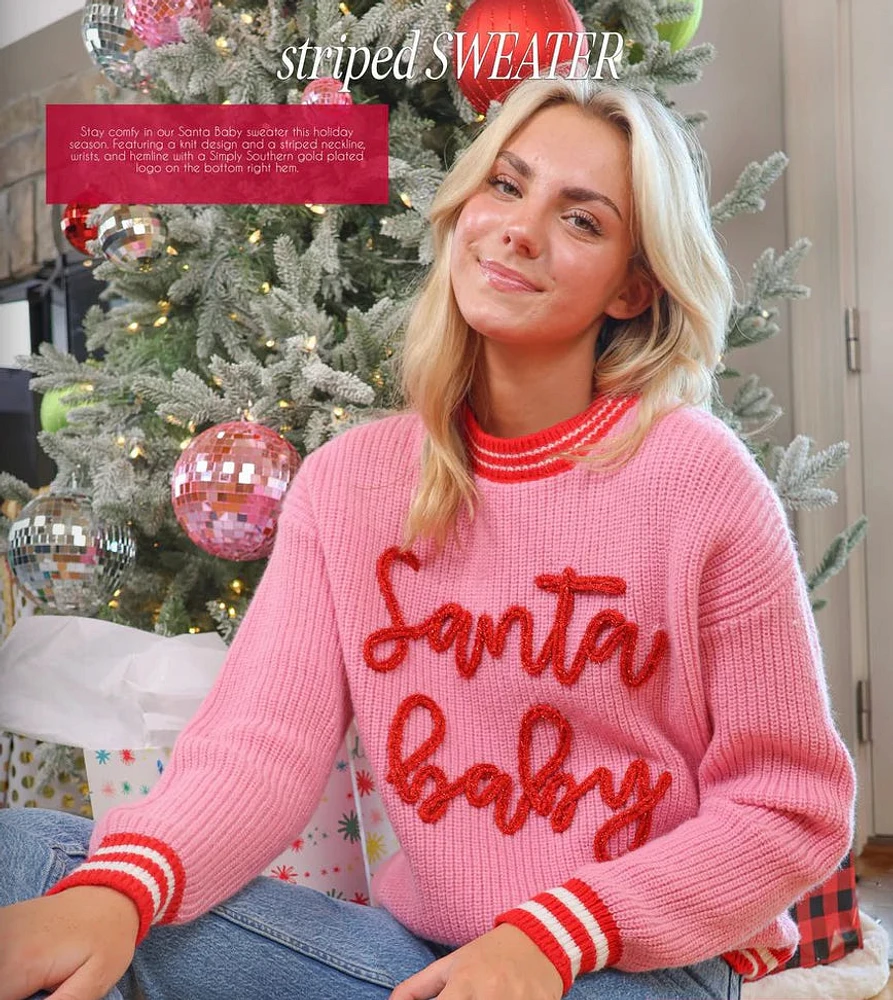 'Santa Baby' Striped Neckline Sweater - Pink