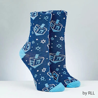 Chanukah Adult Crew Dreidels Socks, Metallic Accents