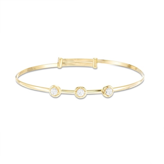 Child's 3mm Cubic Zirconia Three Stone Station Adjustable Bangle in 10K - 6"