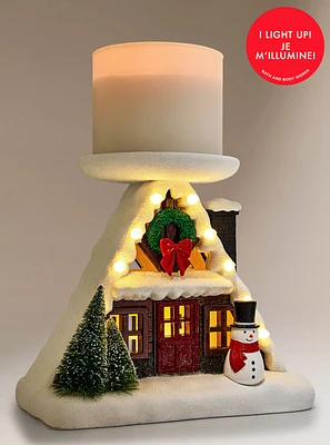 Light-up A-Frame House Pedestal 3-Wick Candle Holder