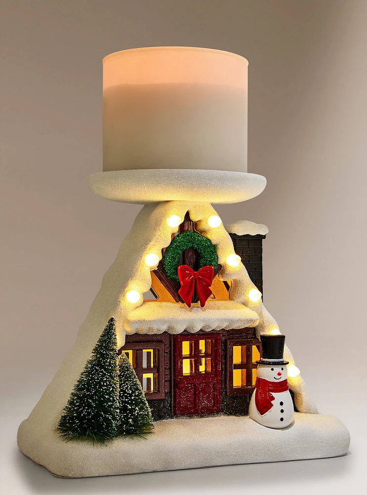 Light-up A-Frame House Pedestal 3-Wick Candle Holder