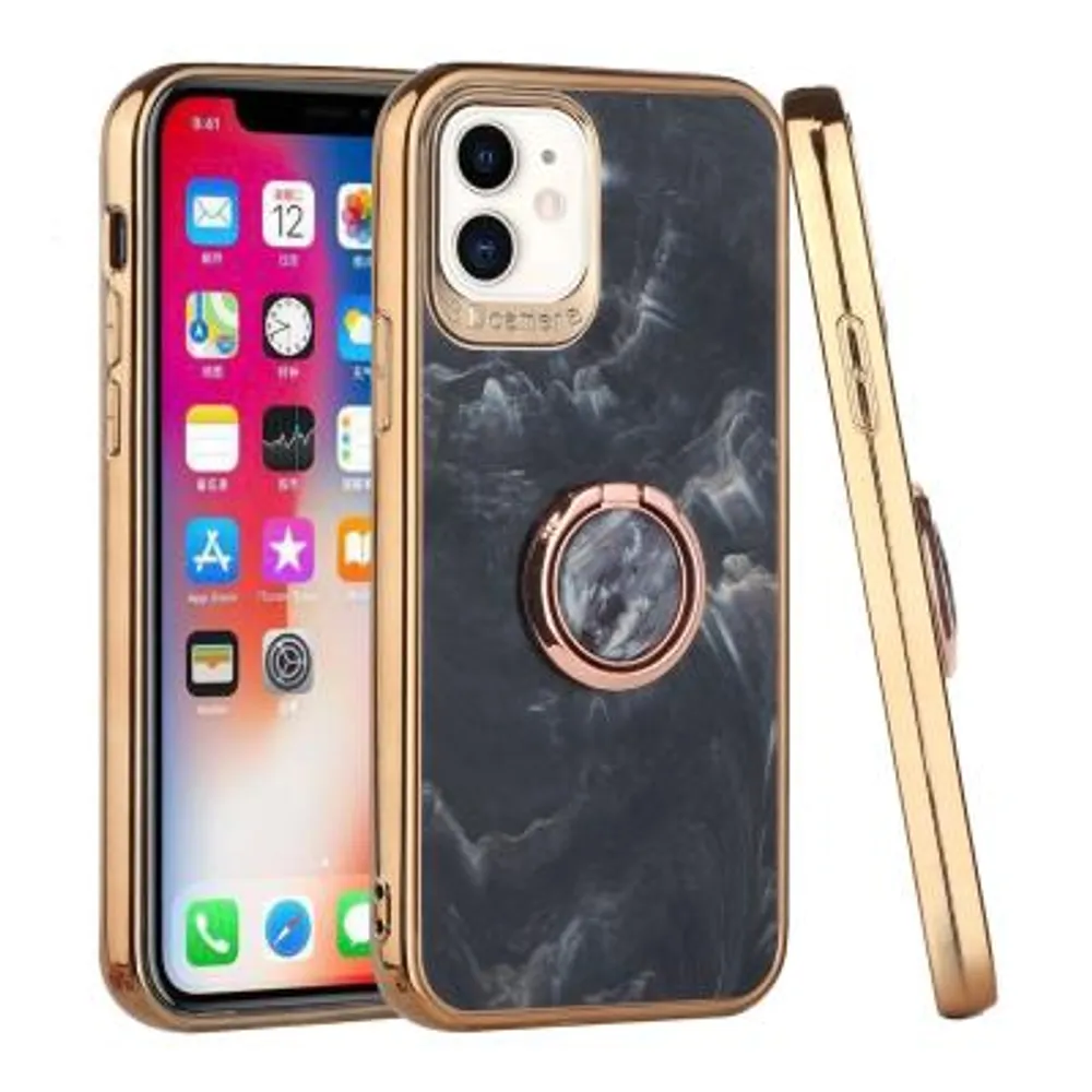 Electroplated Chrome Textured Marble TPU Design Case Cover With Ring Stand For iPhone 12/Pro In