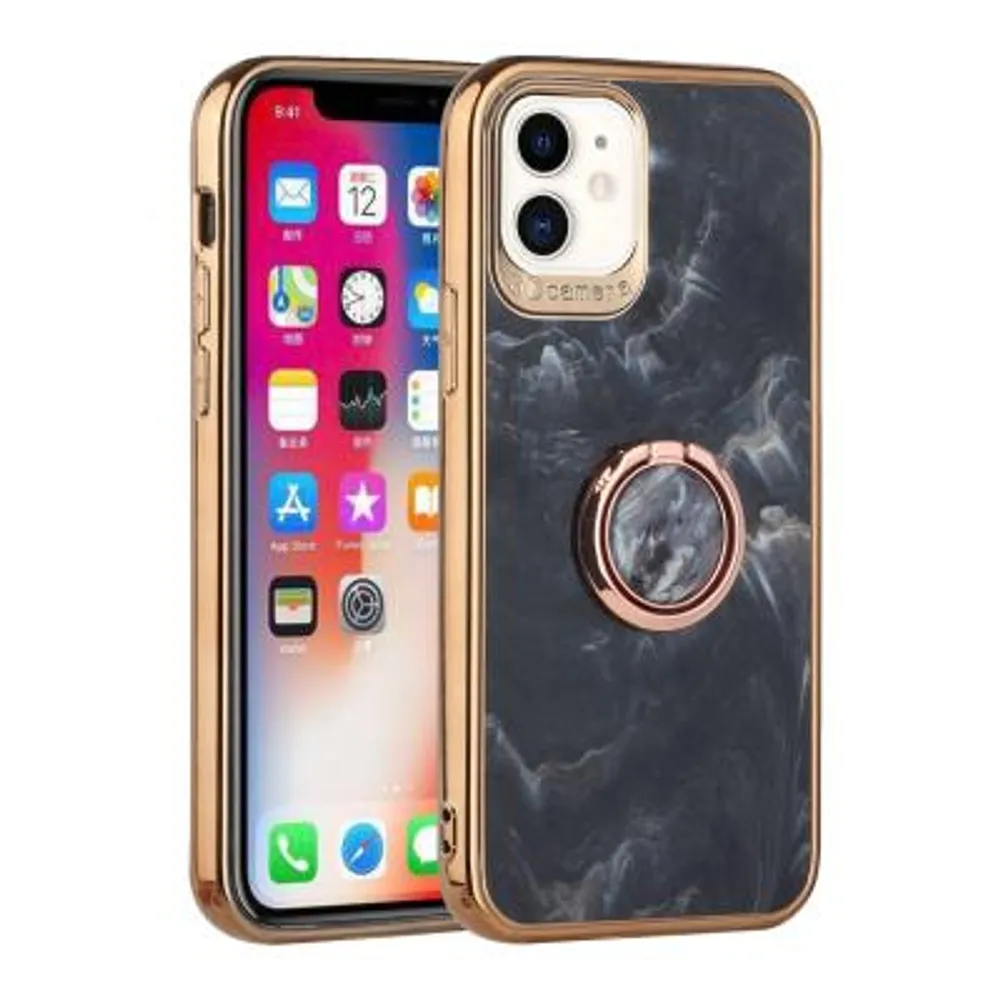 Electroplated Chrome Textured Marble TPU Design Case Cover With Ring Stand For iPhone 12/Pro In