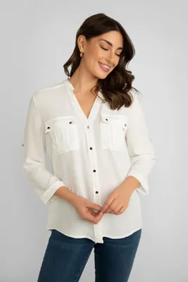 Button Up Blouse With Roll Tab Sleeves