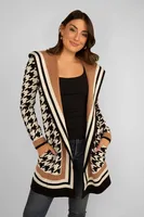 Long Houndstooth Hooded Cardigan