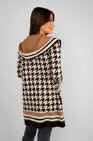Long Houndstooth Hooded Cardigan