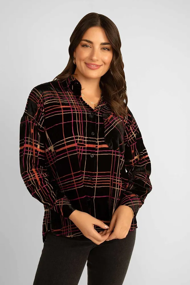 Burnout Velvet Plaid Button Up Blouse