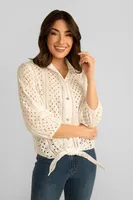 Front Tie Eyelet Lace Blouse