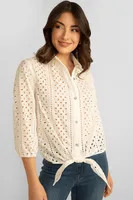 Front Tie Eyelet Lace Blouse