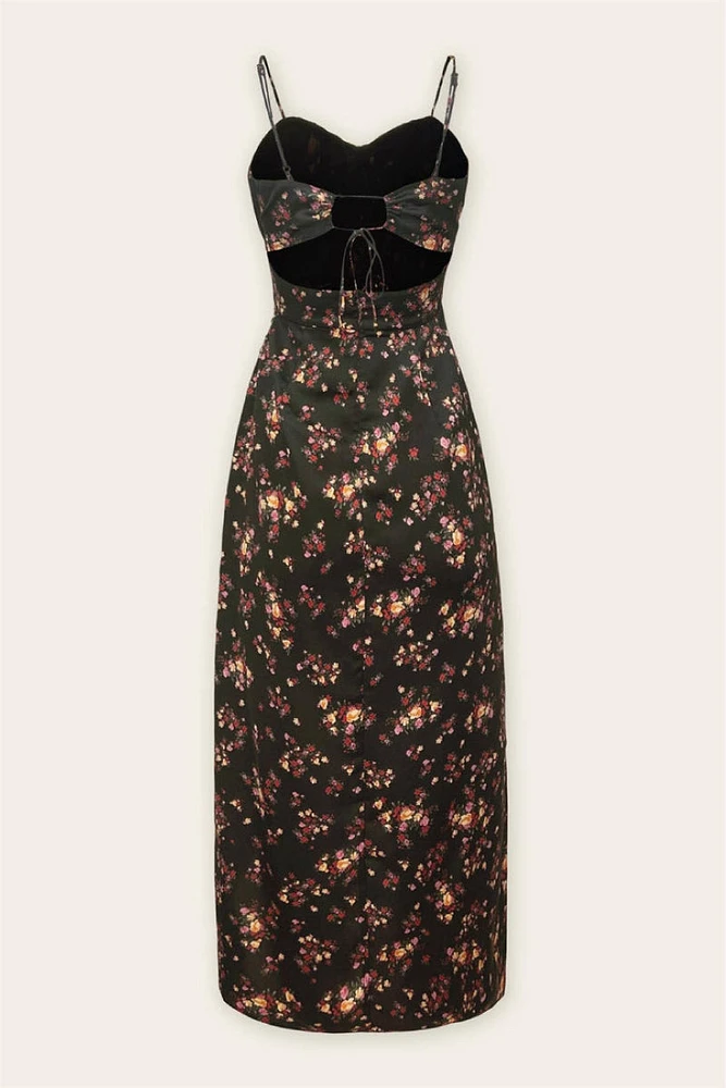 Dark Floral Midi Tie-Back Dress