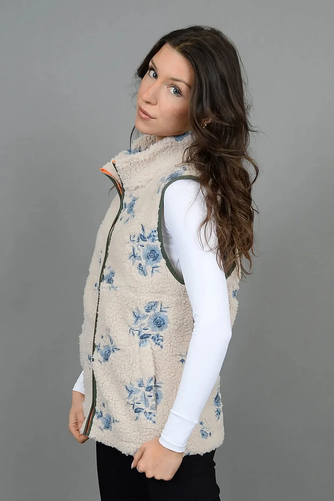 Embroidered Floral Sherpa Vest