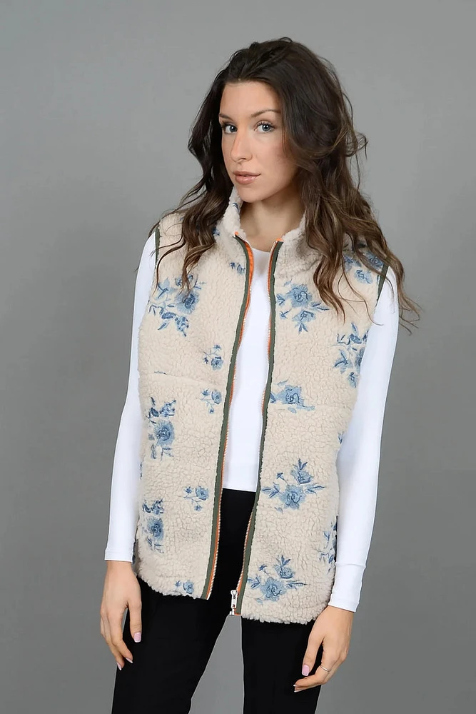 Embroidered Floral Sherpa Vest