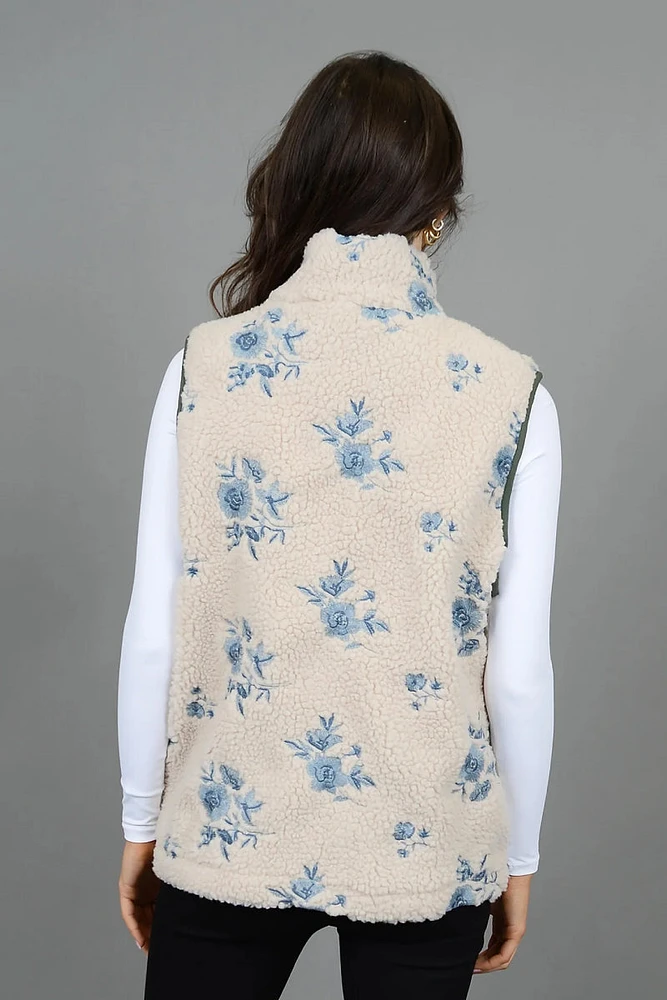 Embroidered Floral Sherpa Vest