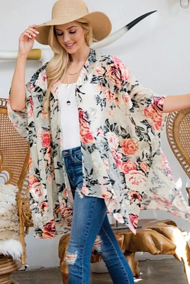 Rose Printed Velvet Kimono