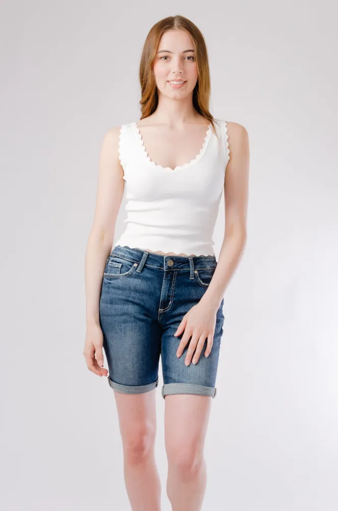 Scalloped Edge Knit Tank Top in White