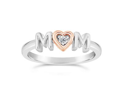 Sterling Silver 10K Rose Gold Diamond Mom Heart Ring