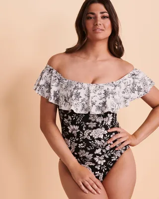 TOILE FLORAL Off the Shoulder One-piece Swimsuit