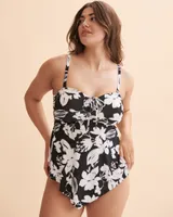 Black & White Abstract D Cup Pointed Hem Bandeau Tankini Top