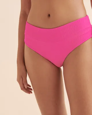 Flamingo Pink Ribbed Cheeky High Waist Bikini Bottom