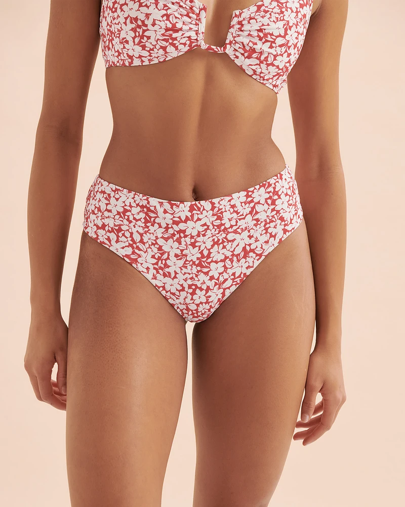 Bas de bikini brésilien taille haute fleurs rouges