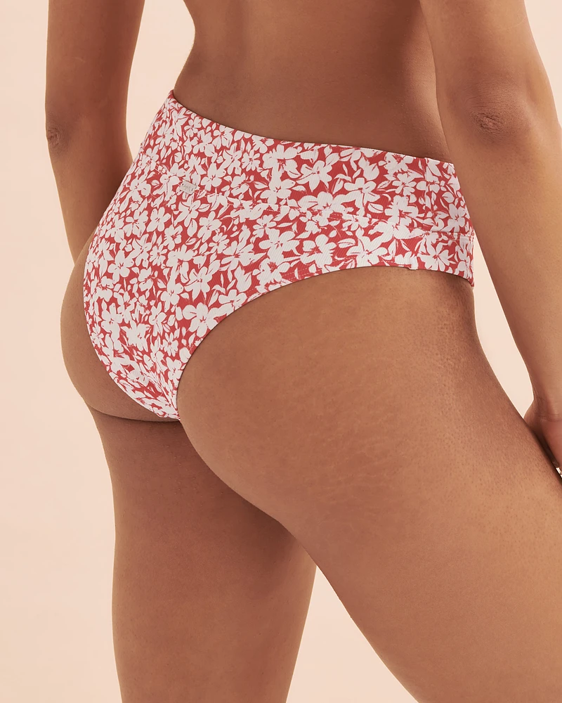 Bas de bikini brésilien taille haute fleurs rouges