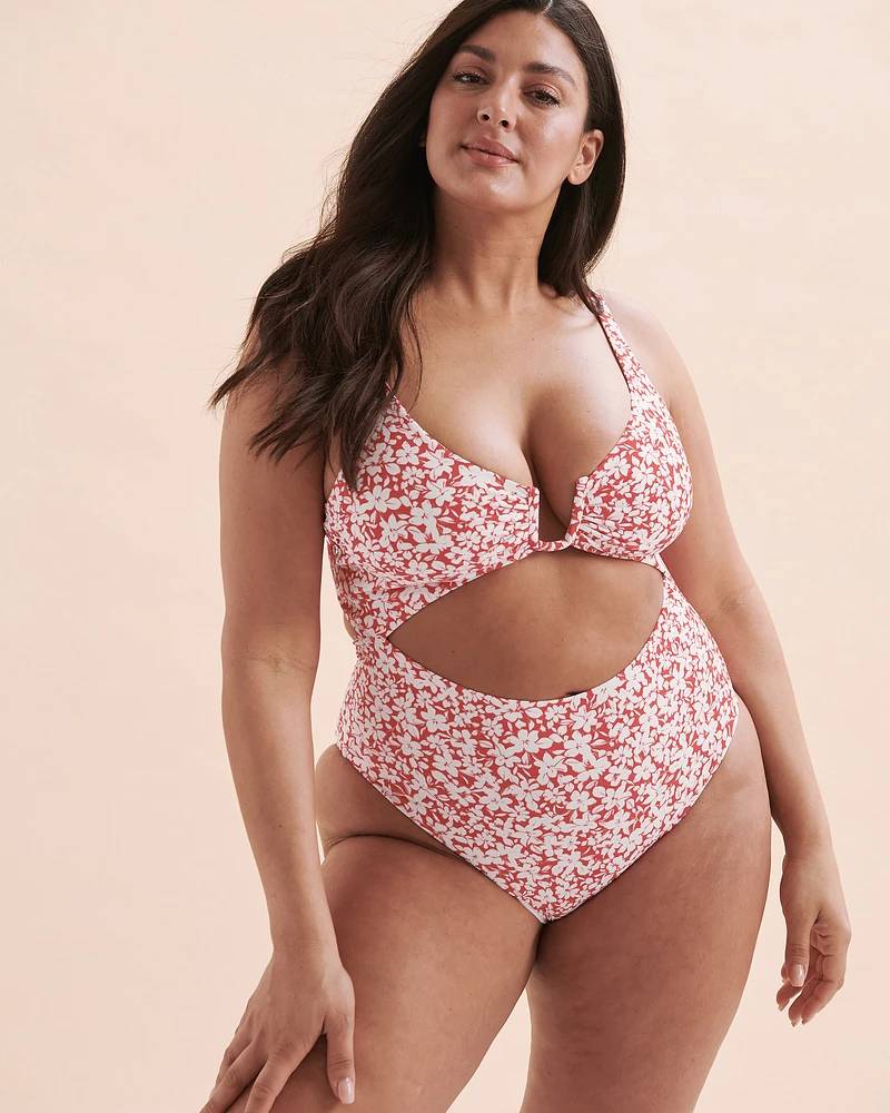 Red Floral Plunge One-piece Swimsuit