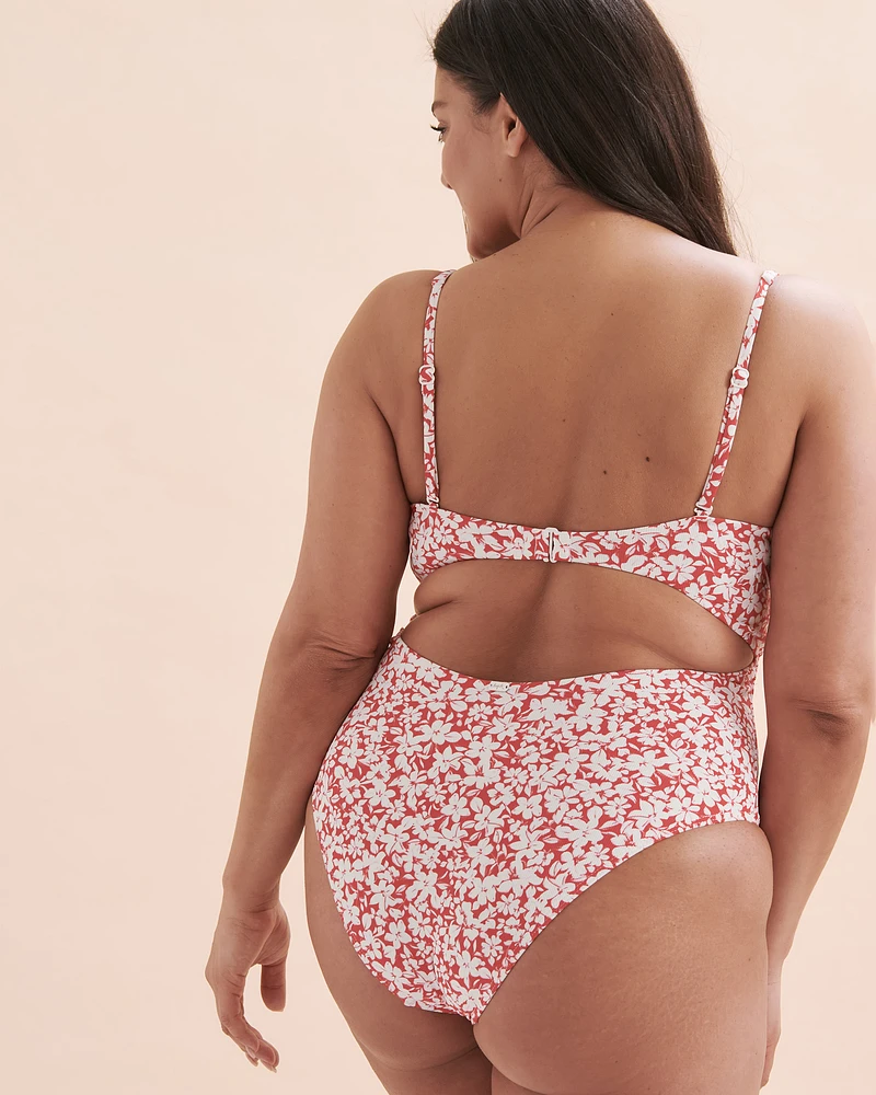 Red Floral Plunge One-piece Swimsuit