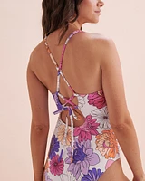 Floral Bloom Ribbed Cross Back One-piece Swimsuit