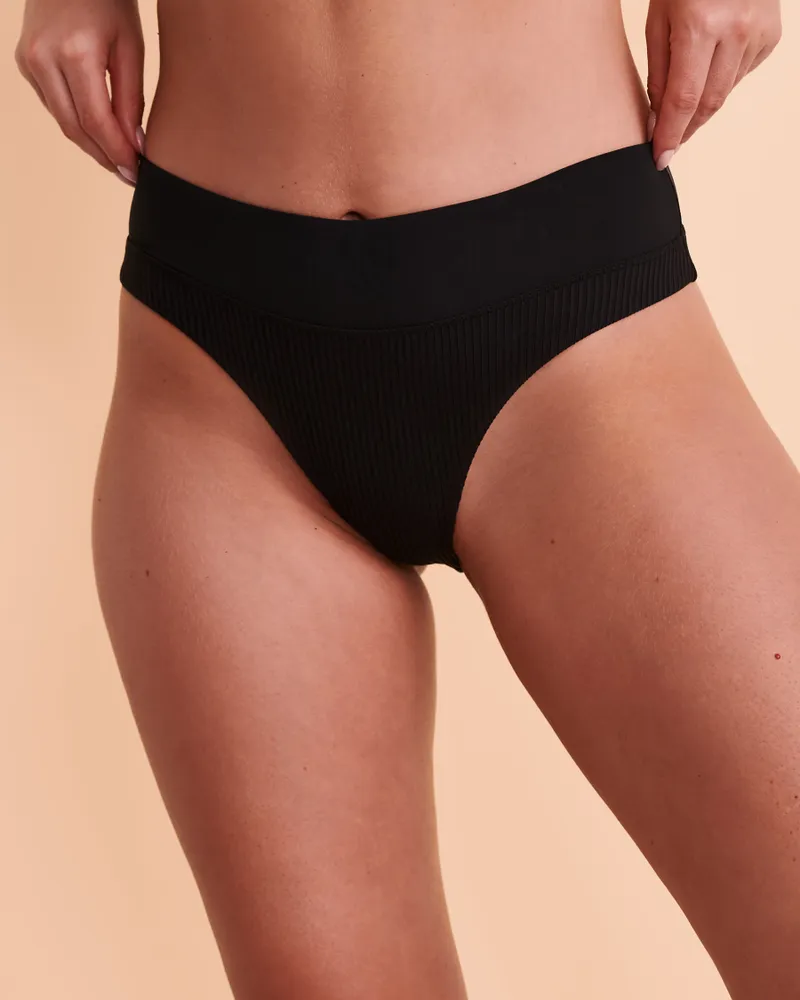 Black Ribbed High Cut Wide Waistband Bikini Bottom