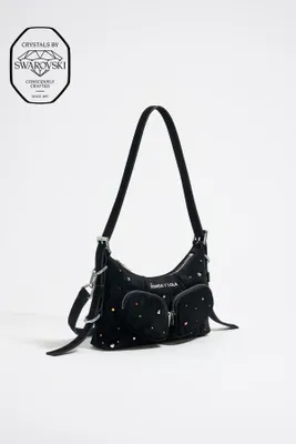 Mala Hobo Pocket mini pele Swarovski preto