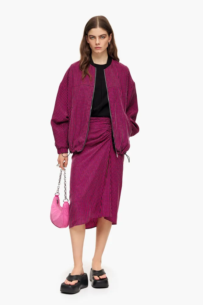 Falda fluida midi vichy fucsia