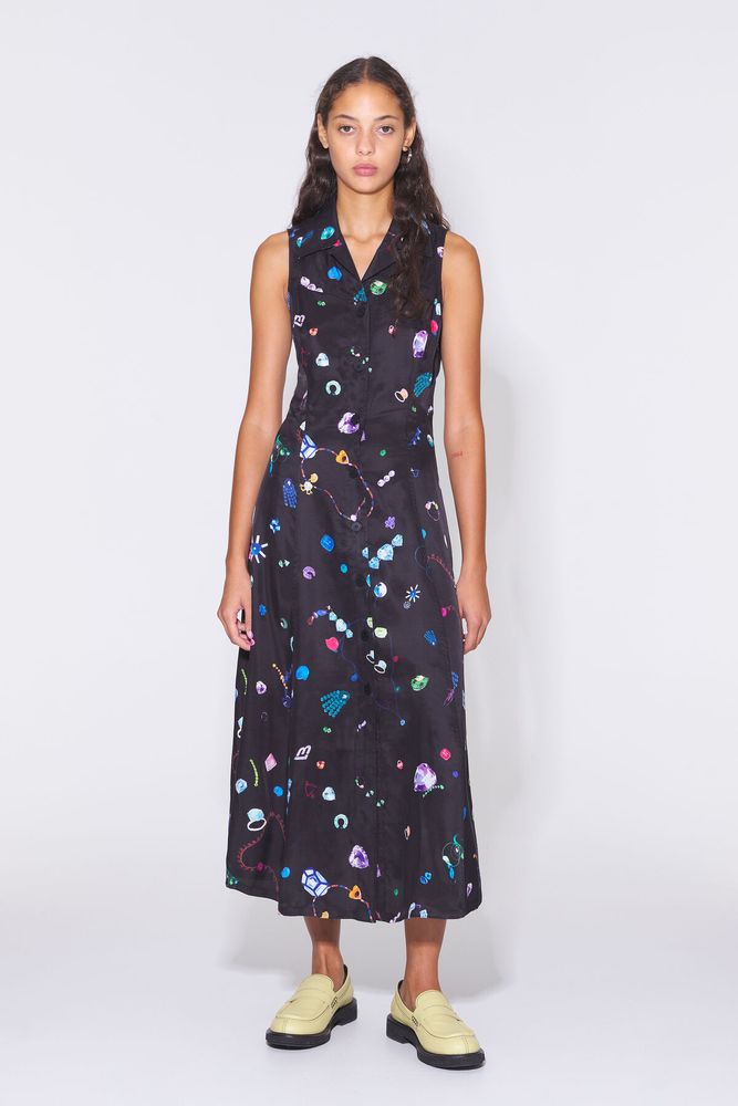 Vestido camisero midi print Fallen Jewels negro