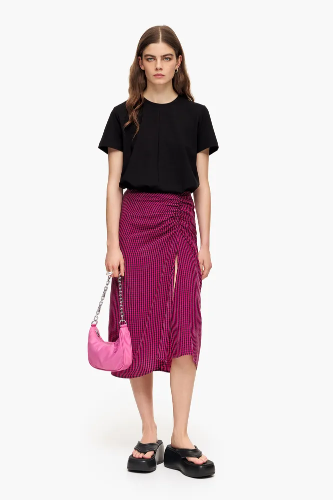 Falda fluida midi vichy fucsia