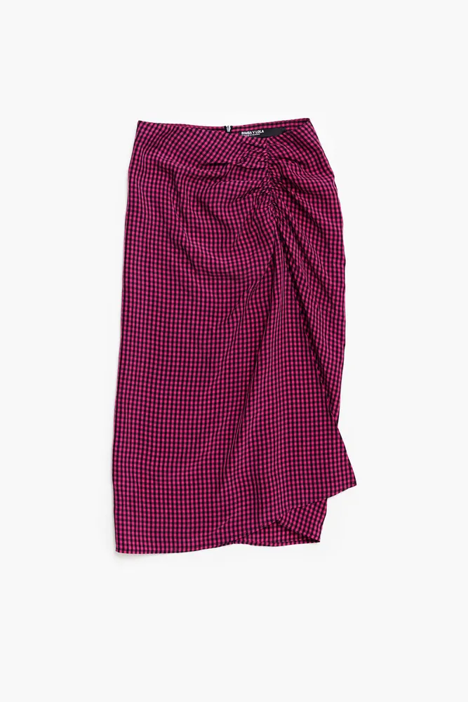 Falda fluida midi vichy fucsia