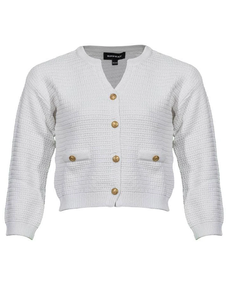 Repeat  Cotton Textured V-Neck Cardigan