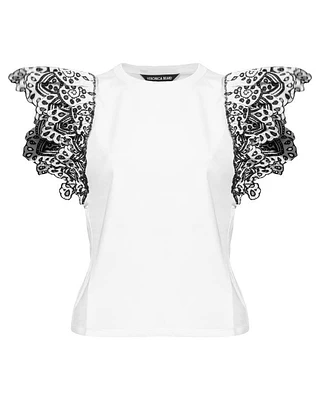 Veronica Beard Julianka Ruffle Eyelet Cap Sleeve Top