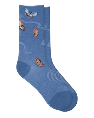 Bleu Foret Velvety Cotton Butterfly Pattern Socks