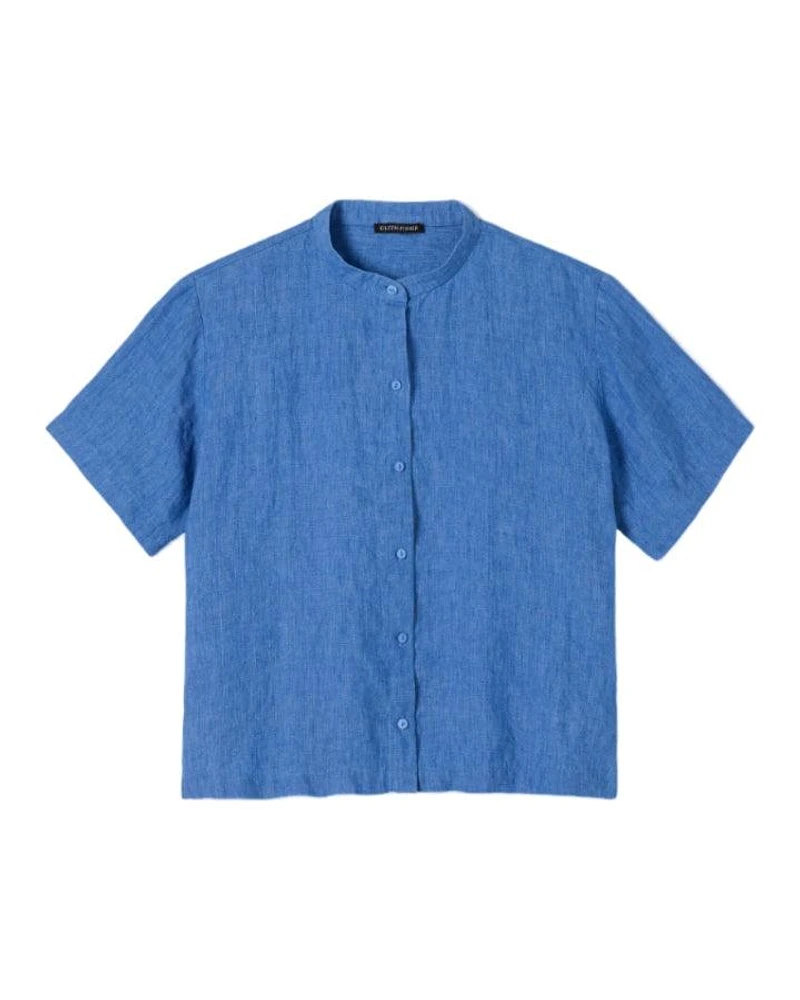 Eileen Fisher Washed Organic Linen Delave Band Collar Shirt